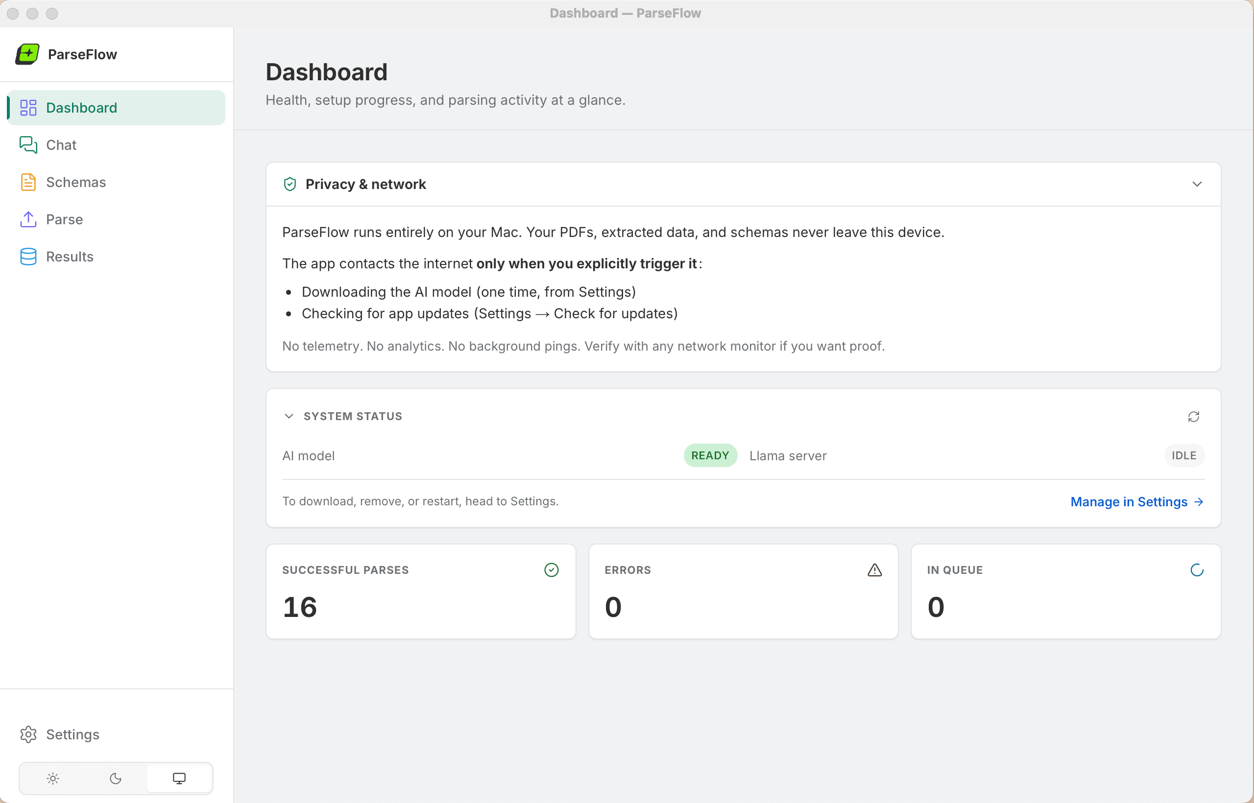 ParseFlow Privacy & Network panel confirming no telemetry and no data transmission