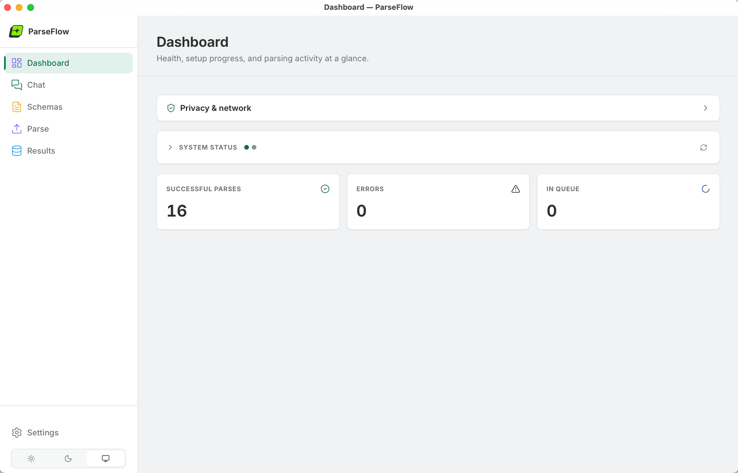 ParseFlow Dashboard — 16 successful parses, zero errors, privacy-first design running entirely on your Mac