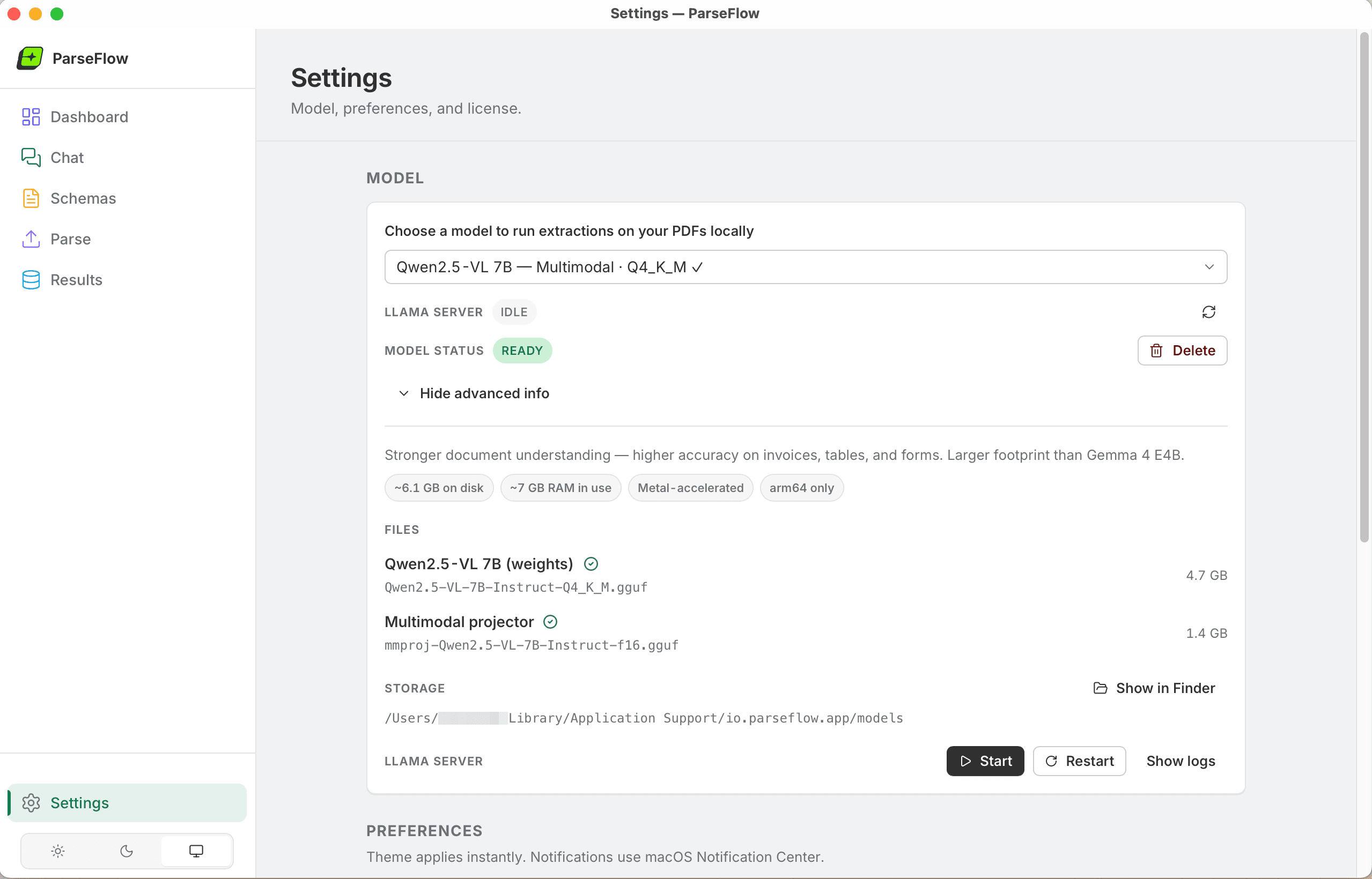ParseFlow Settings — advanced model info showing 4.7 GB model size and Metal acceleration