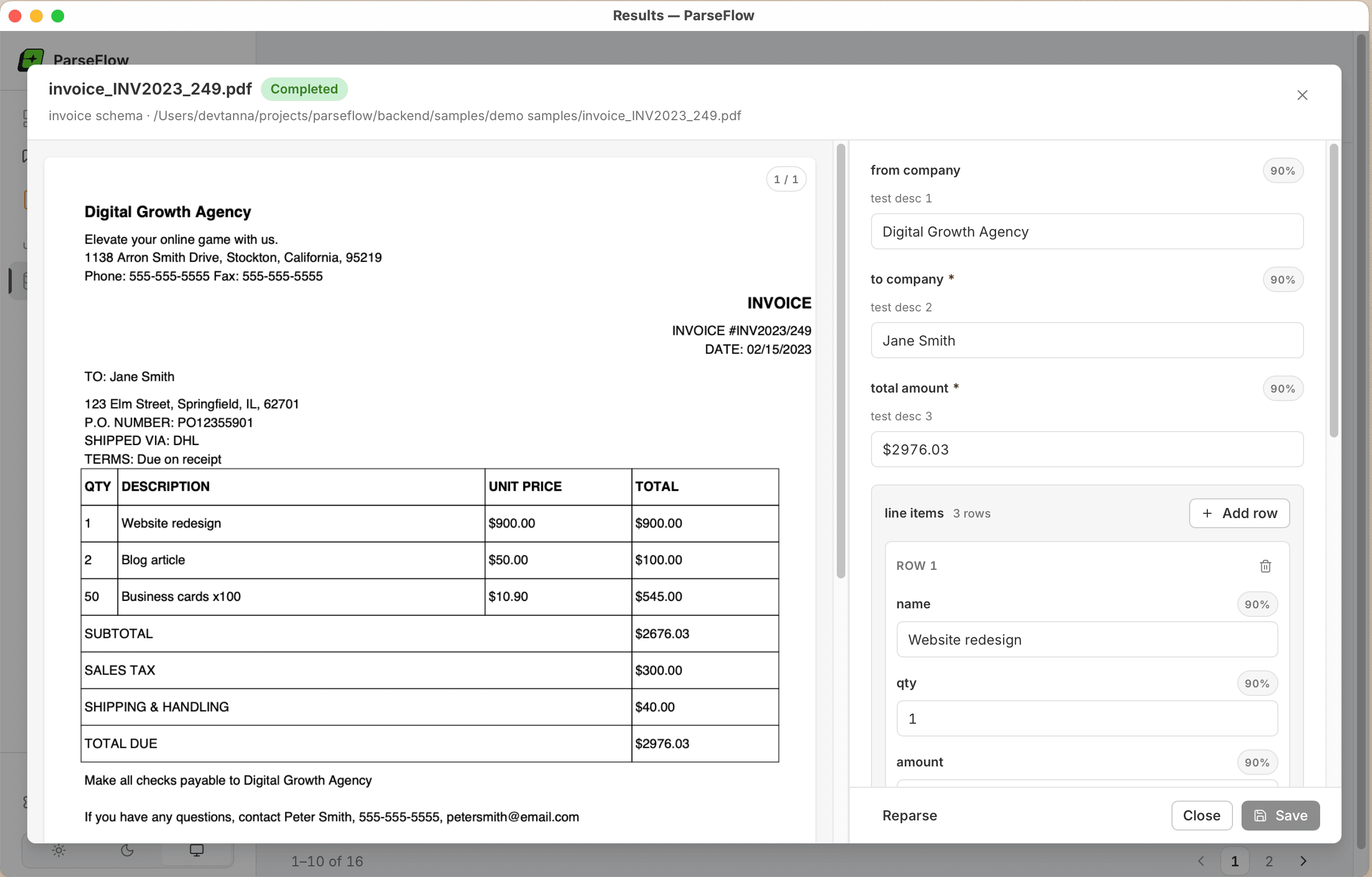 ParseFlow side-by-side PDF review — extracted fields shown next to the original invoice