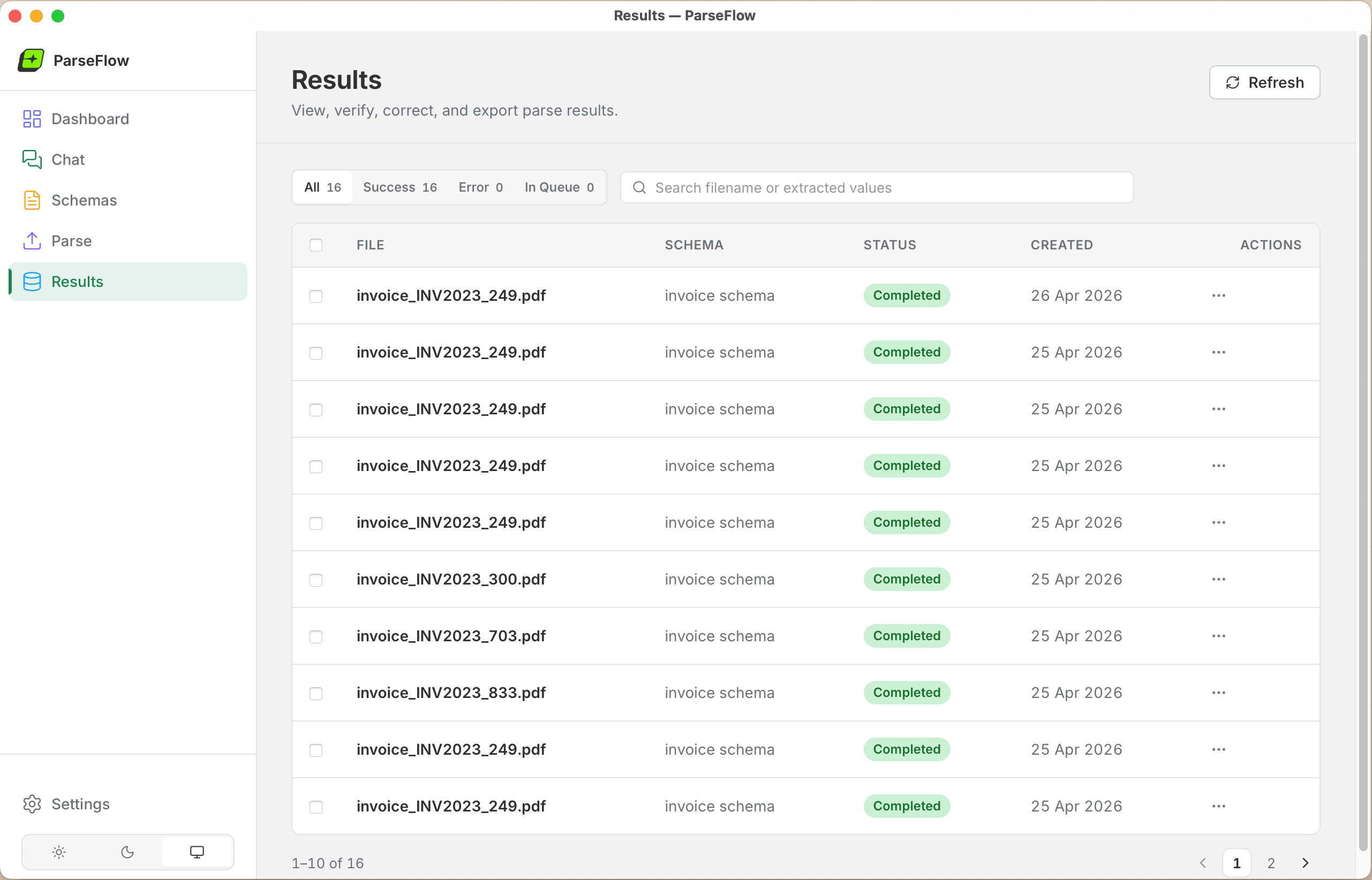 ParseFlow results page — 16 invoices parsed successfully, ready to export
