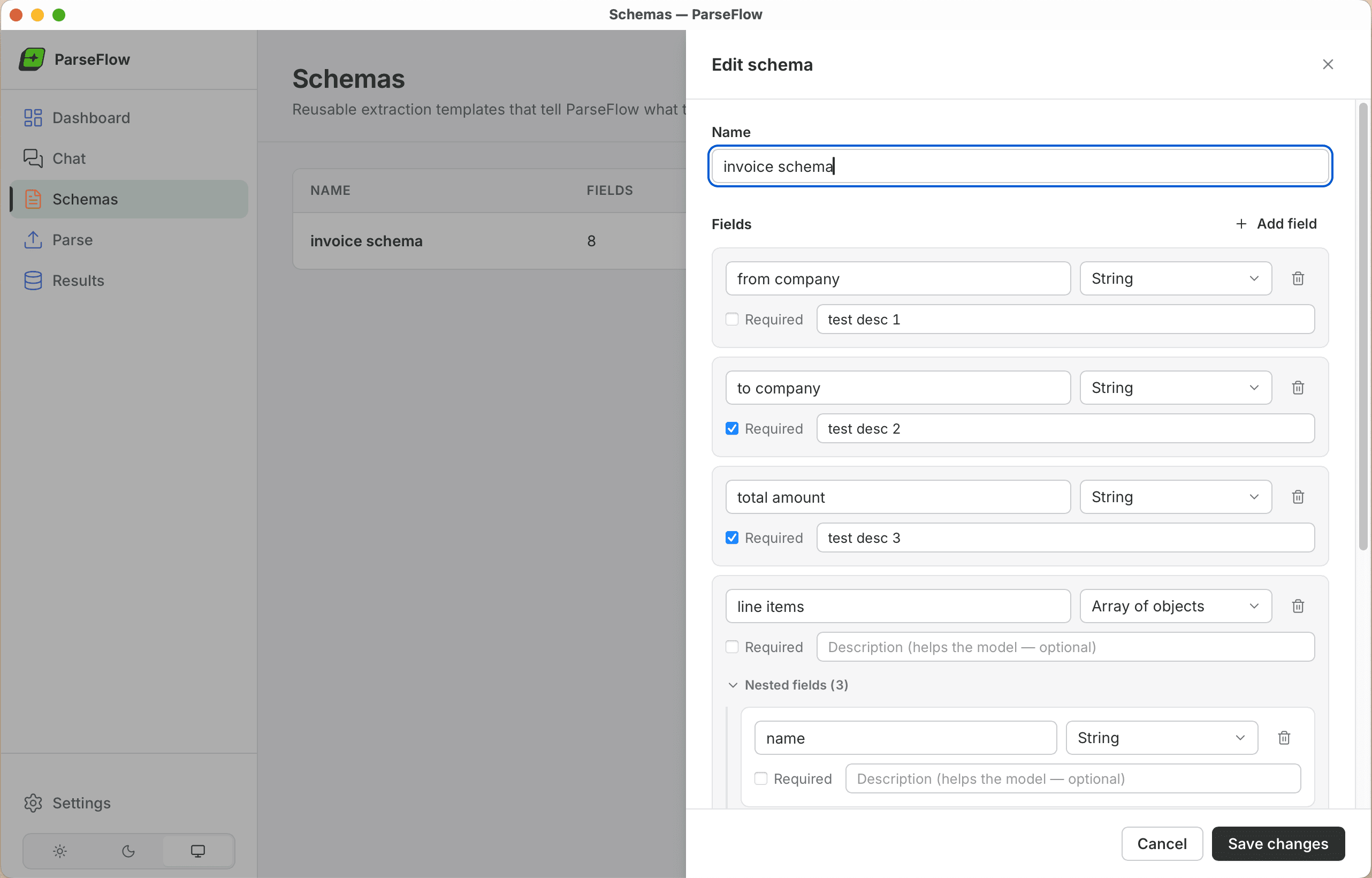 ParseFlow schema editor — defining named fields and types for invoice extraction